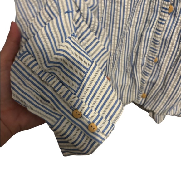Democracy Three Quarter Tucked Sleeve Button Down Spliced Stripe Woven Shirt - Picture 3 of 8
